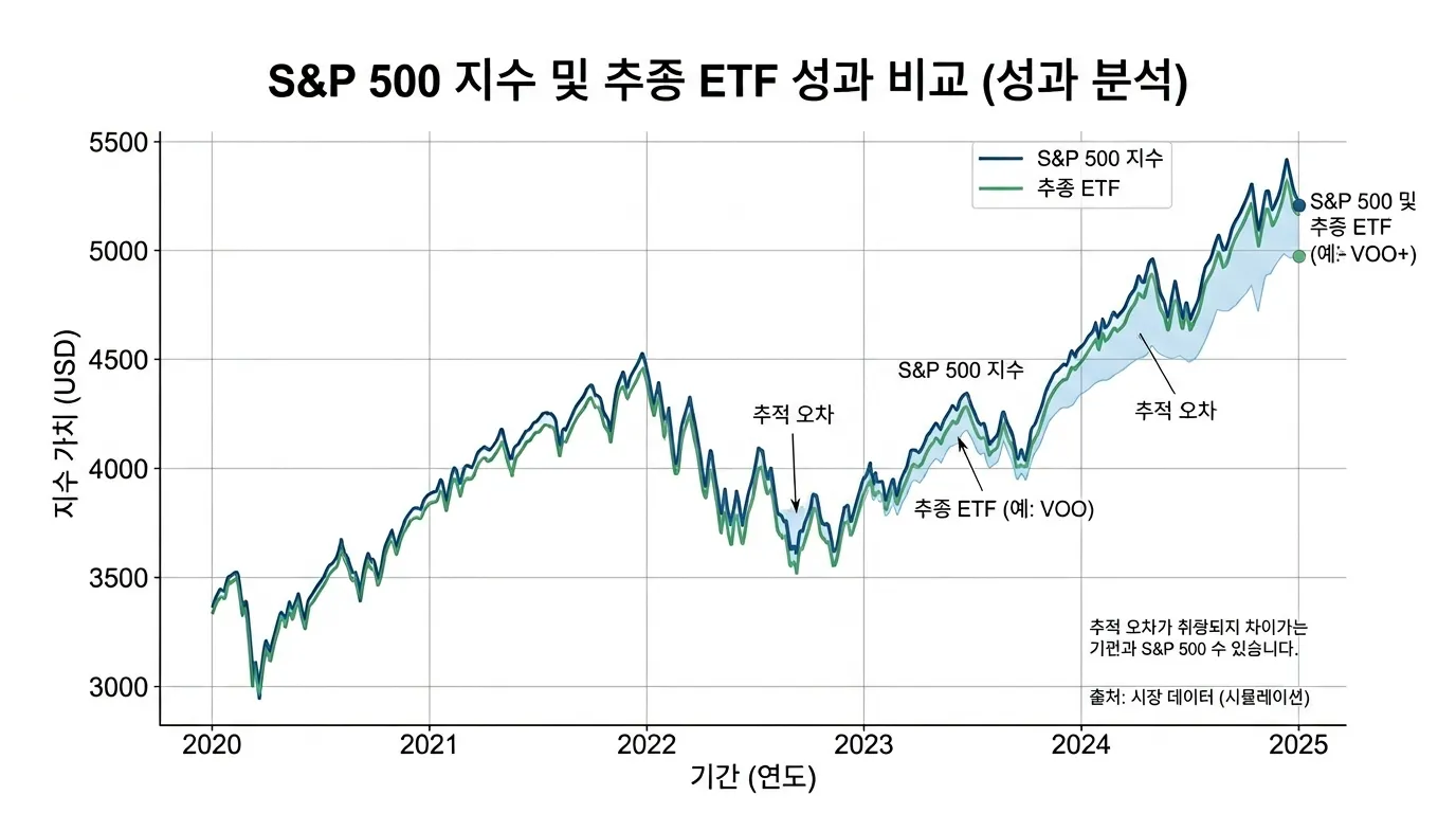 기초지수와 ETF 수익률 차이를 보여주는 추적오차 그래프