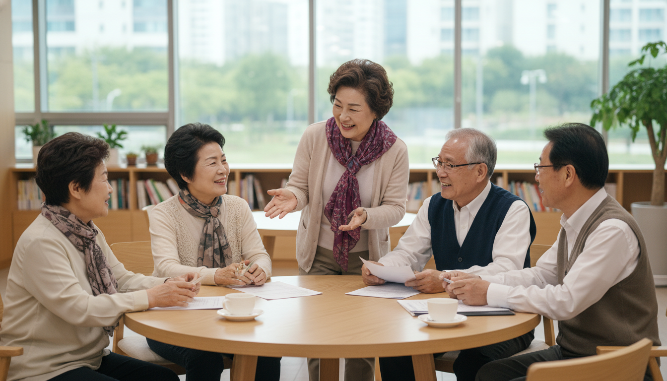 한국인 어르신들이 커뮤니티 센터에 모여 기초연금 변화에 대해 활발하게 이야기하는 모습