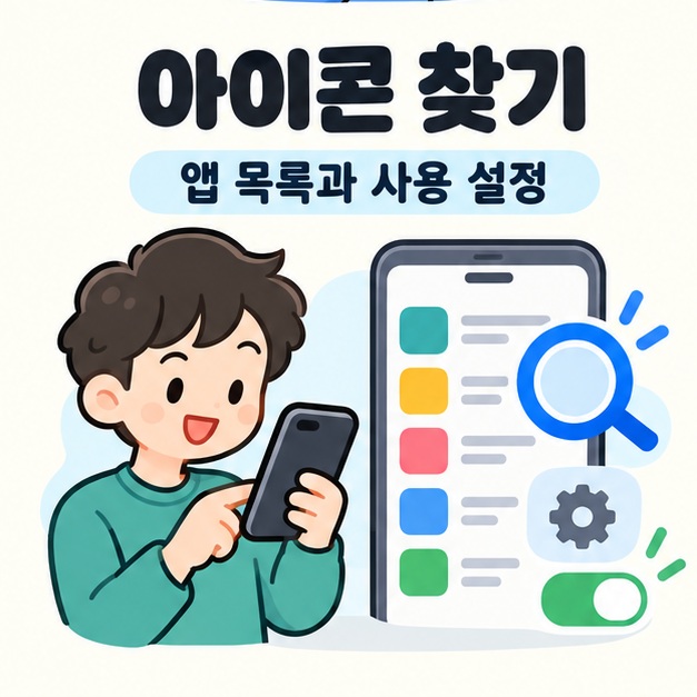 앱 목록과 설정을 살펴 Play 스토어 아이콘을 찾는 일러스트