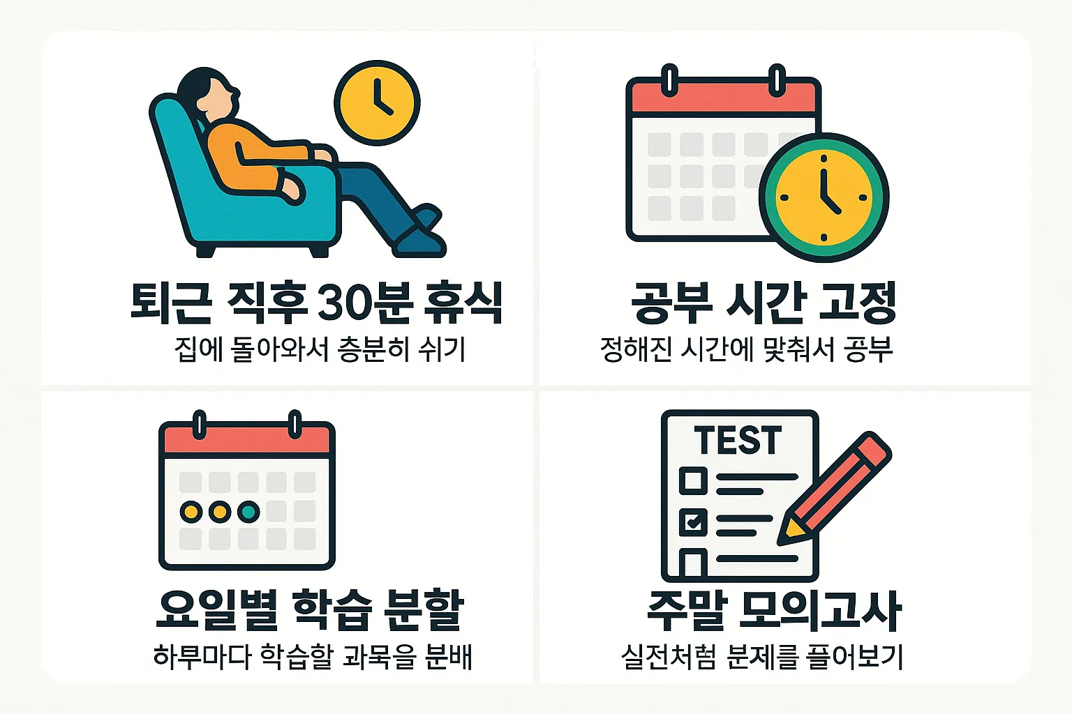직장인을 위한 퇴근 후 자격증 공부 루틴 인포그래픽으로, 30분 휴식&middot;공부 시간 고정&middot;요일별 학습 분할&middot;주말 모의고사 등 합격을 위한 하루 루틴을 시각적으로 정리한 이미지.