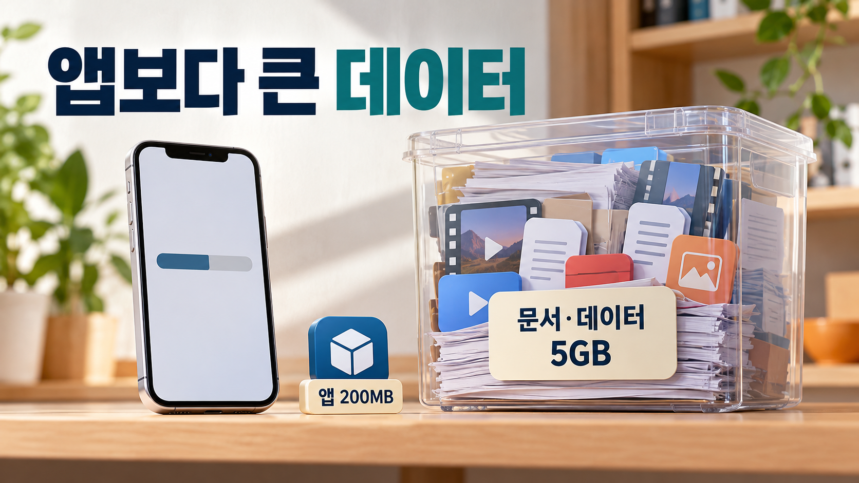 앱200MB와 문서·데이터5GB를 상자 크기로 비교한 예시