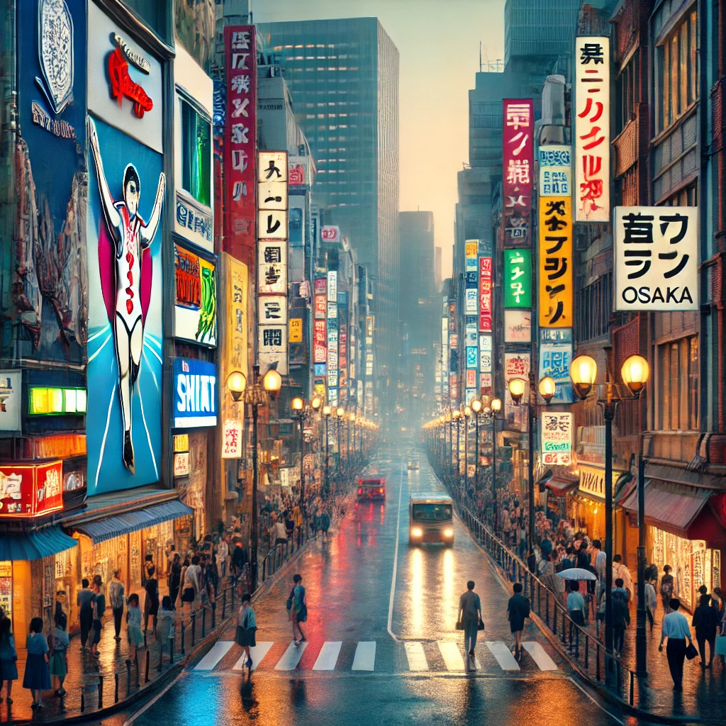 오사카의 번화한 거리, 네온사인이 빛나는 야경, 사람들이 북적이는 인도와 건물들