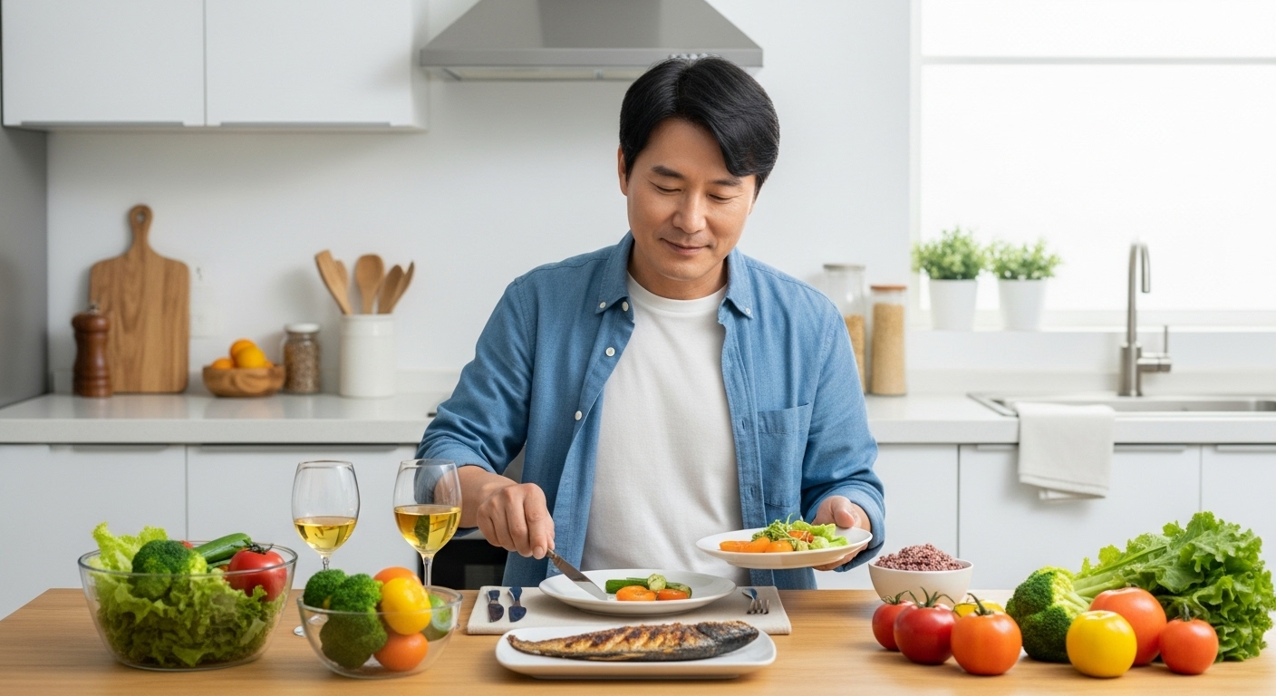 혈당 조절을 위한 저녁 식사를 준비하는 한국 중년 남성