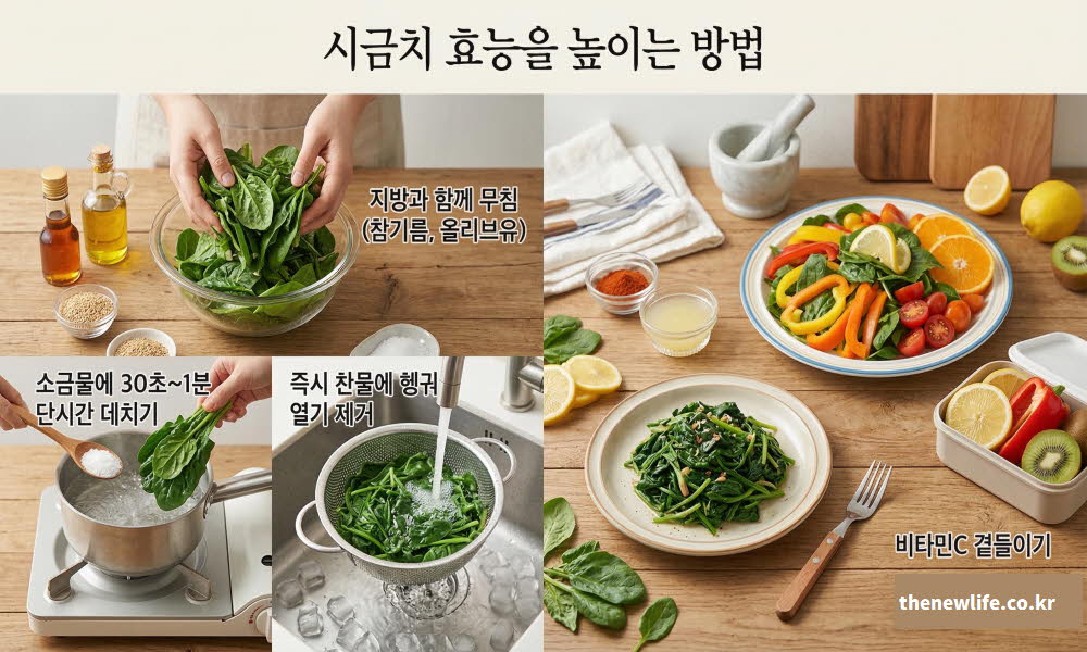 시금치 효능을 높이는 조리법과 섭취 방법을 설명하는 이미지