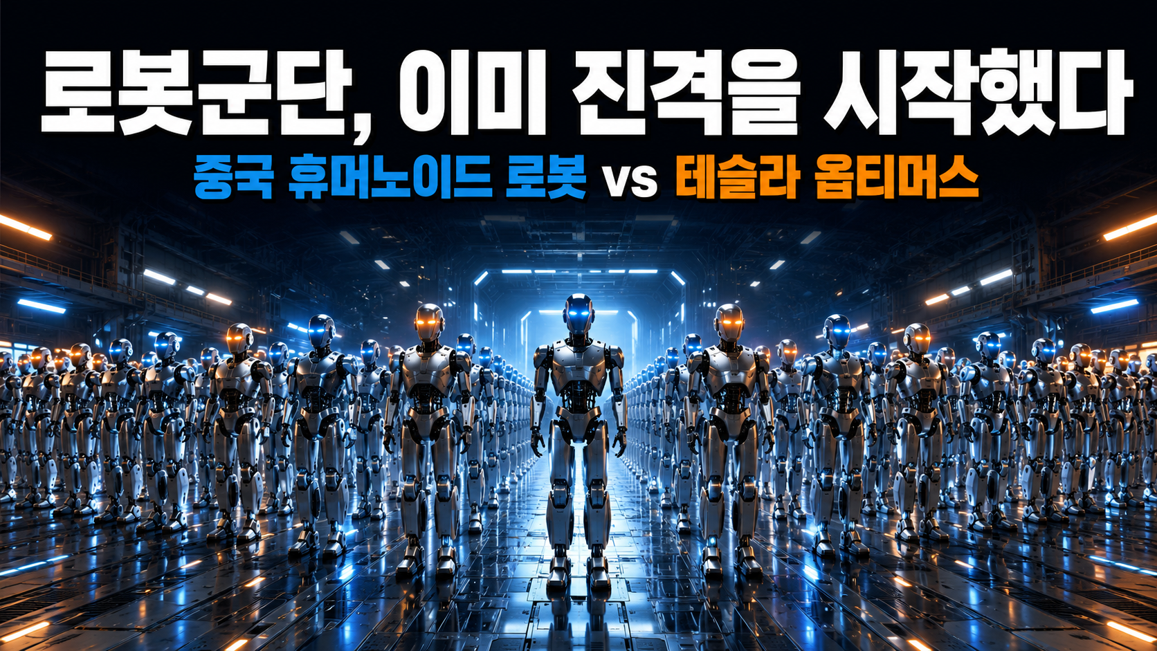 중국 휴머노이드 로봇 군단과 테슬라 옵티머스의 경쟁을 상징적으로 보여주는 미래형 로봇 일러스트"