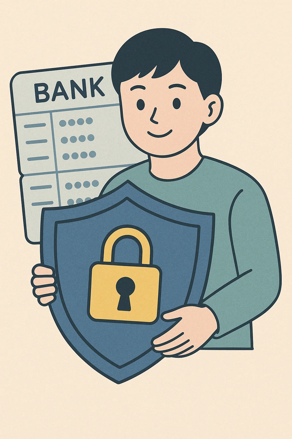 은행푯말과 사람이 보호방패를 손에든 일러스트