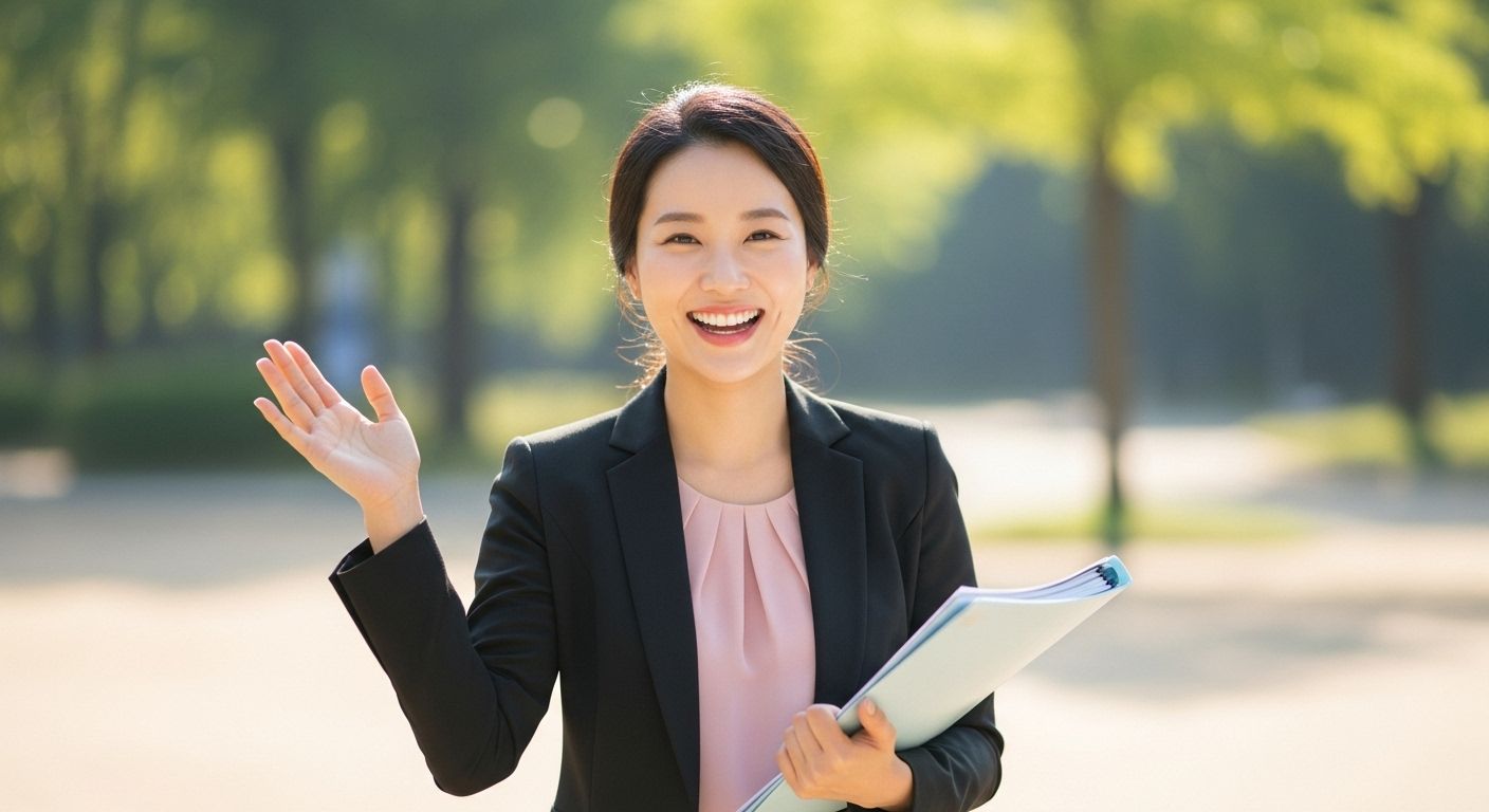 서류를 들고 야외에서 밝게 미소 짓는 모습