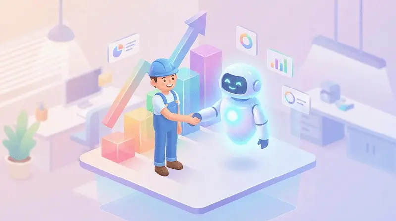 인간과 생성형 AI 로봇의 성공적인 파트너십과 동반 성장 그래프 일러스트