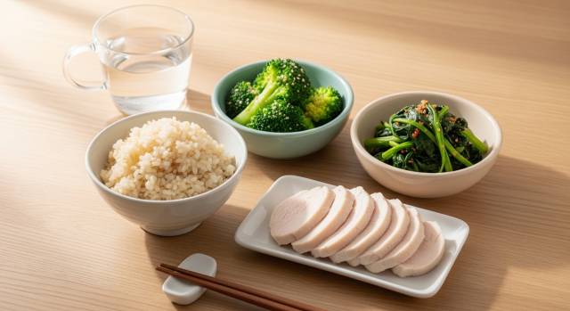 【IMG10 — 현미밥·닭가슴살 구이·나물로 구성된 건강한 점심 식단 이미지】