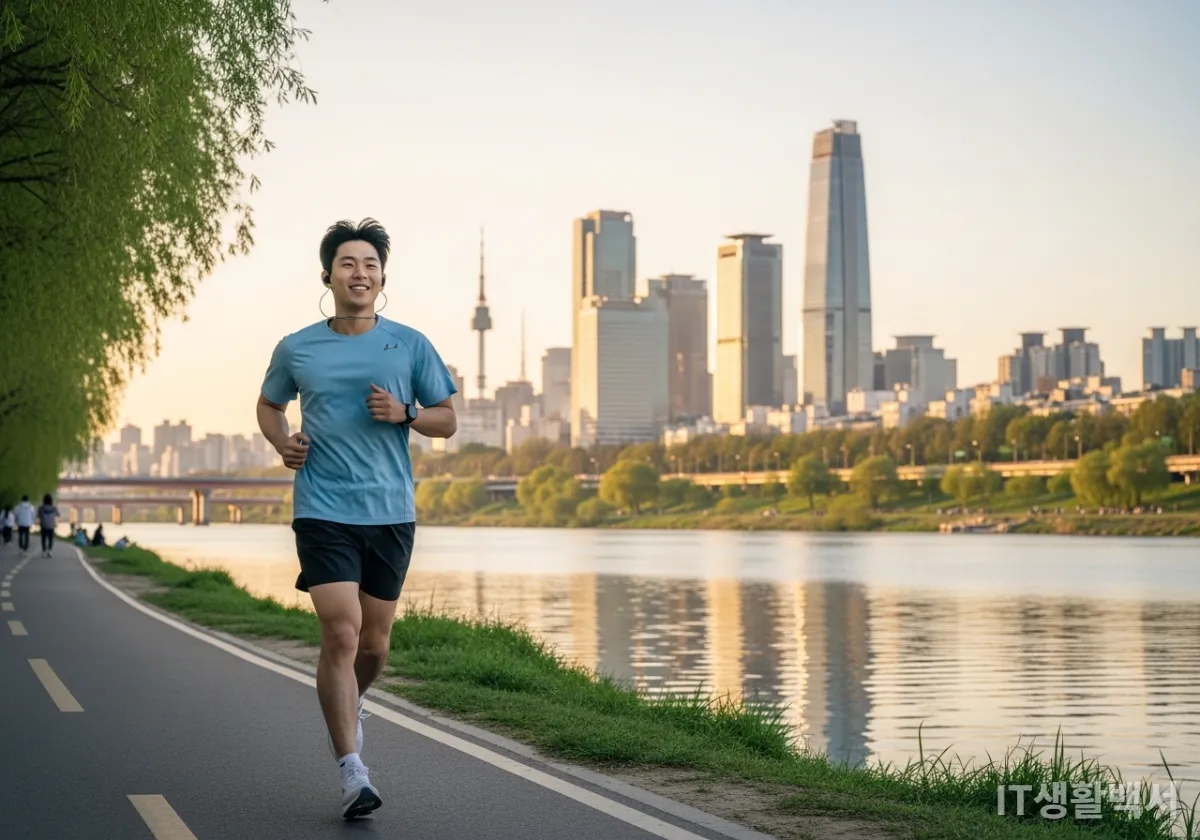 한강 공원에서 오픈형 무선 이어폰을 끼고 조깅을 즐기는 한국 남성의 밝은 모습