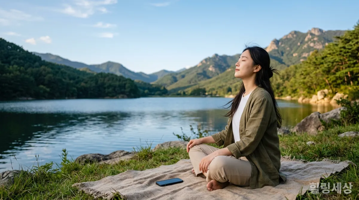 호숫가에서 디지털 디톡스 명상을 하는 젊은 여성