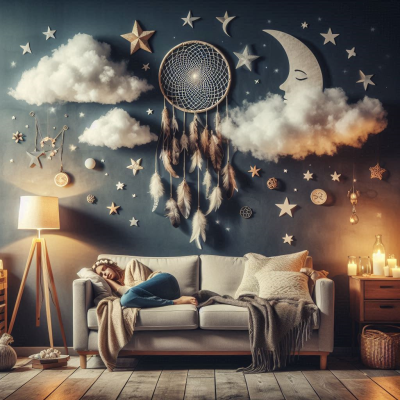 구름과 별, 꿈꾸는 소녀가 있는 편안한 공간의 이미지입니다.