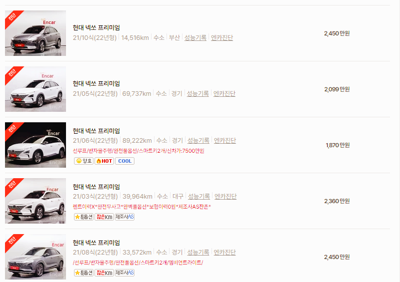 현대 넥쏘 중고차 가격 시세표 24년10월