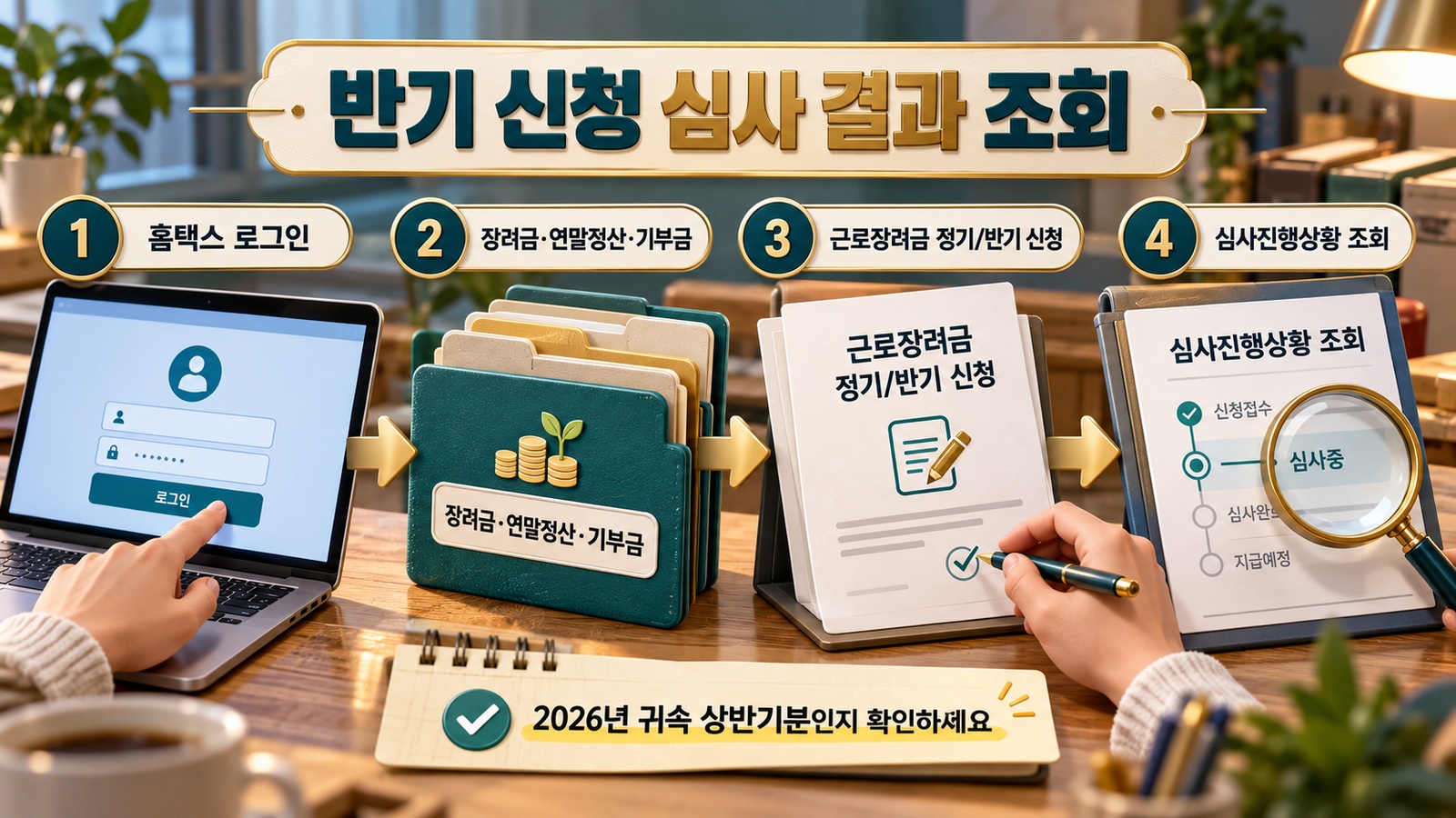 홈택스 로그인부터 근로장려금 반기 신청의 심사진행상황 조회까지 연결한 절차 인포그래픽