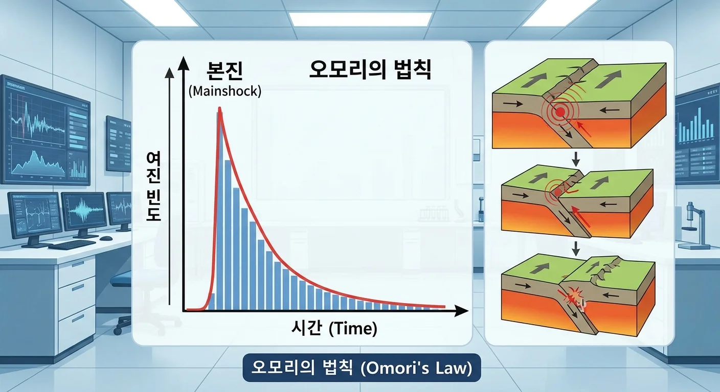 오모리의 법칙에 따른 지진 및 여진 빈도 감소 그래프