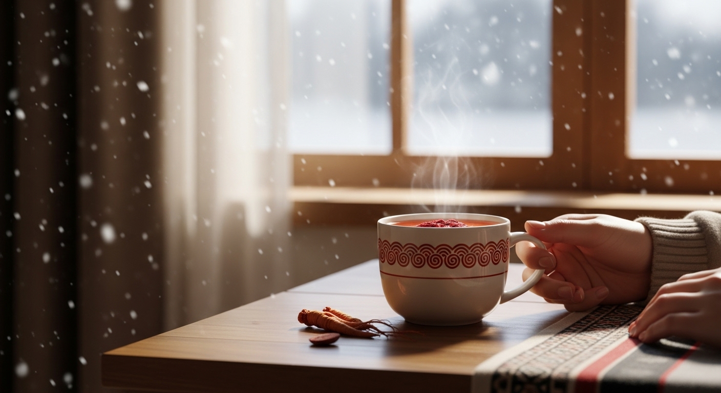 2025년 겨울, 창밖으로 눈이 내리는 포근한 실내에서 따뜻한 홍삼진액을 마시며 면역력을 관리하는 모습