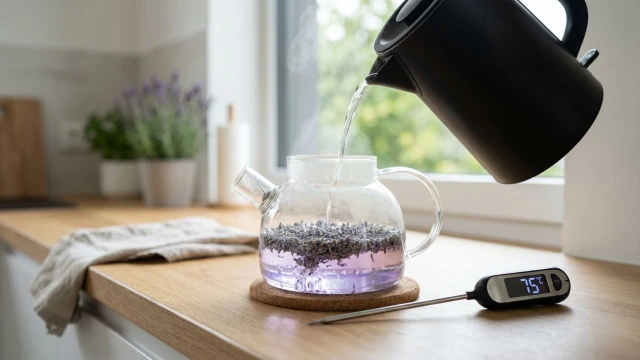 디지털 온도계로 물 온도를 확인하며 유리 티팟에 물을 붓는 장면