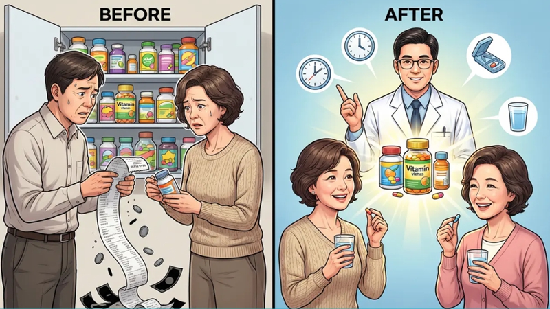 50대 중년 남녀가 수많은 비타민 앞에서 혼란스러워하다가, 약사의 조언으로 자신에게 맞는 필수 비타민을 올바르게 선택하고 복용하는 모습. 비타민 선택법.