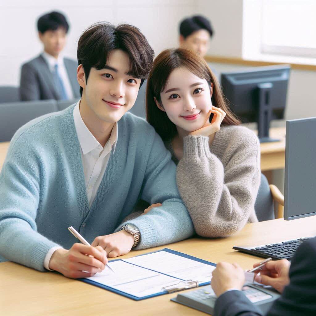 디딤돌전세자금대출조건을알아보는청년,신혼부부,결혼을준비하는커플이은행에서대출상담을받고있다.