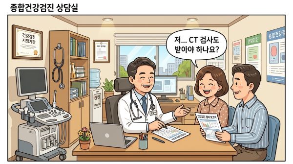 종합건강검진 상담실에서 CT검사 여부에 관해 대화하는 의사와 50대 환자 부부를 만화로 표현한 이미지