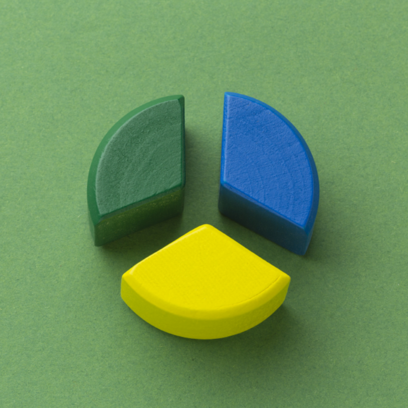 80/20 법칙을 시각적으로 표현한 원형 도형 이미지, 세 가지 색상 블록으로 구성된 성과 분포 개념 시각화