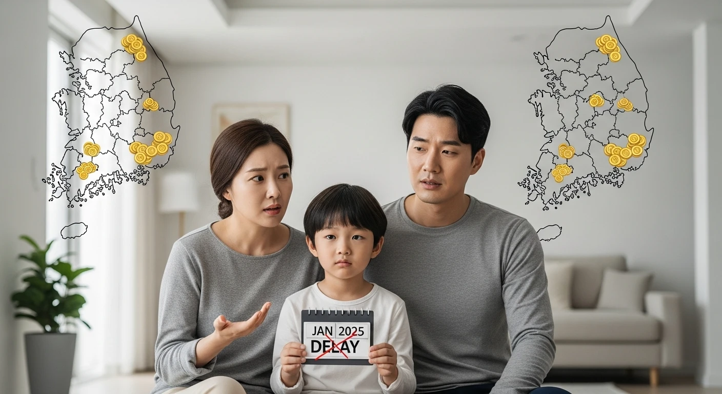 달력의 2025년 1월에 X 표시가 된 것을 보고 걱정스러운 표정을,뒤로 보이는 한국 지도에 지역별 아동수당 차등을 암시하는 이미지.