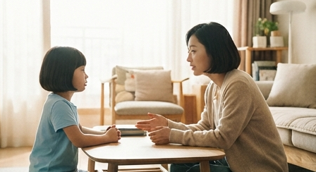 엄마와 아이가 마주 앉아 대화하는 모습