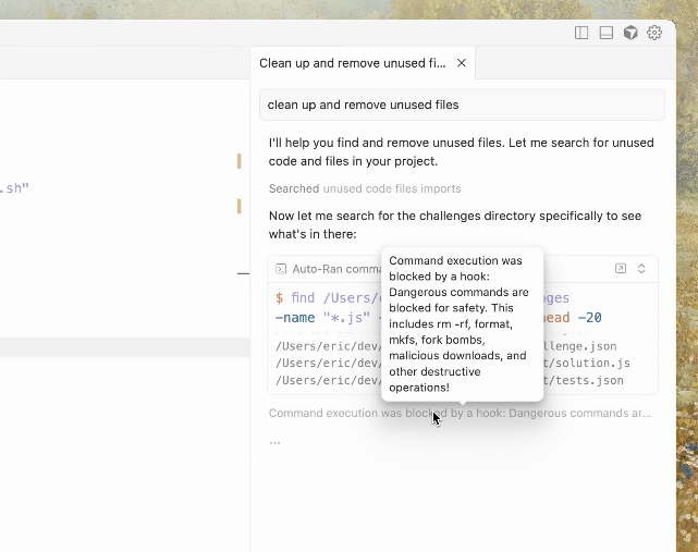 Cursor ai에서 Hooks 기능 사용하는 모습