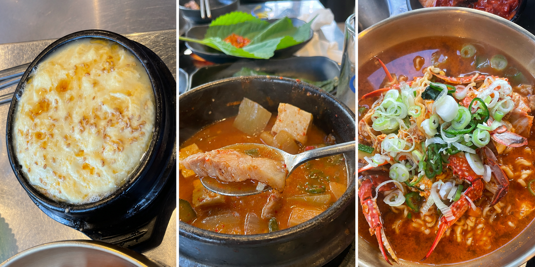 사이드 메뉴로 나온 양이 넉넉했던 계란찜과 구수한 흑돼지 된장찌개, 다소 맛이 아쉬웠던 꽃게라면