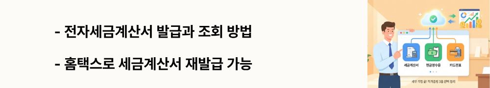 "전자세금계산서 발급과 조회 방법, 홈택스로 세금계산서 재발급 가능"이라는 문구가 포함된 웹배너 이미지. 이 이미지는 전자세금계산서의 발급 기한과 국세청 전송 절차&middot;홈택스 조회 방법을 시각적으로 전달하며 블로그의 B2B 거래 적격증빙 관리와 관련된 내용을 설명함