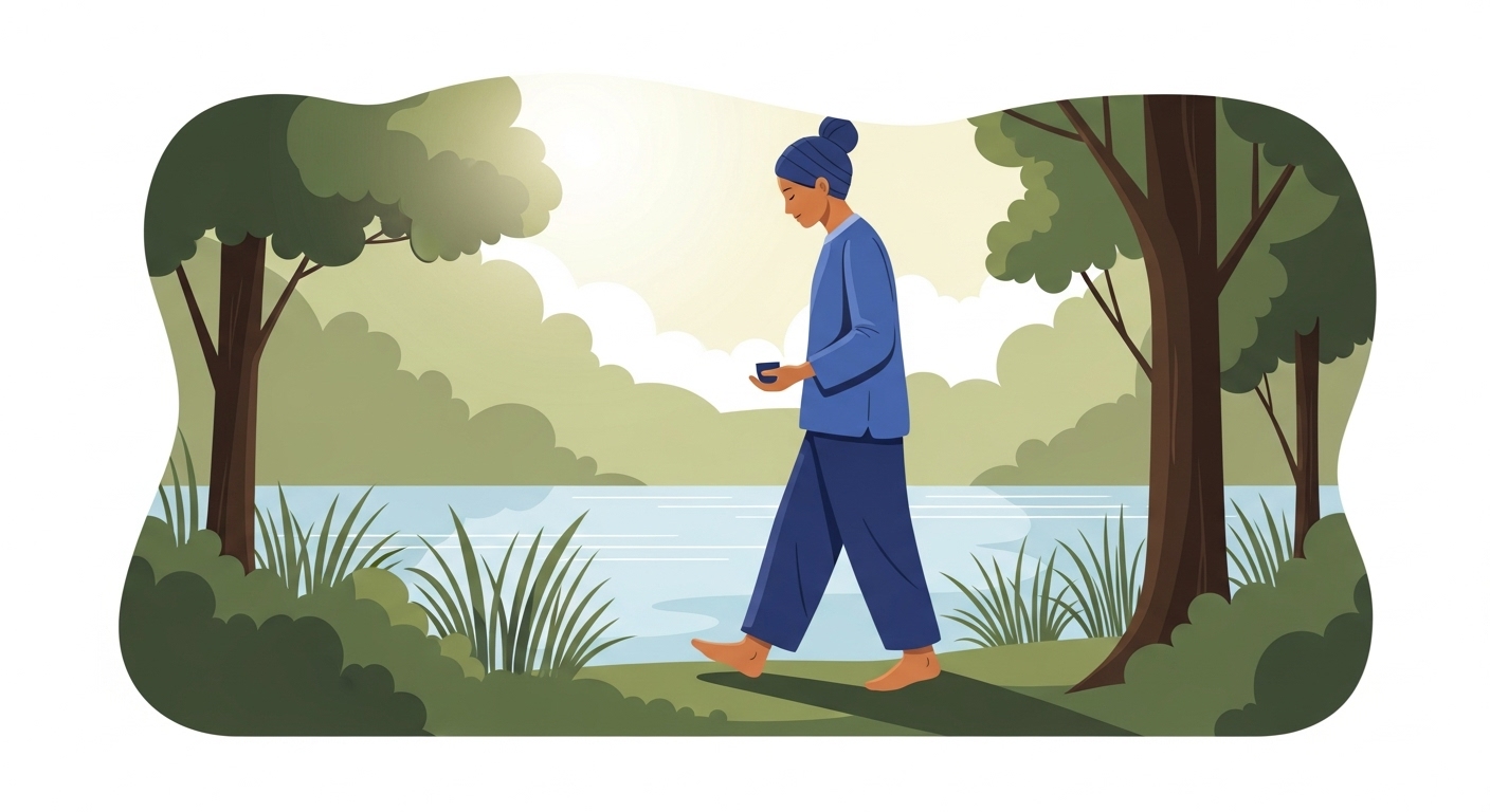 고요한 숲길을 천천히 걷는 사람이 자신의 발걸음과 주변 자연에 집중하며 현재에 깨어 있는 순간을 표현합니다.