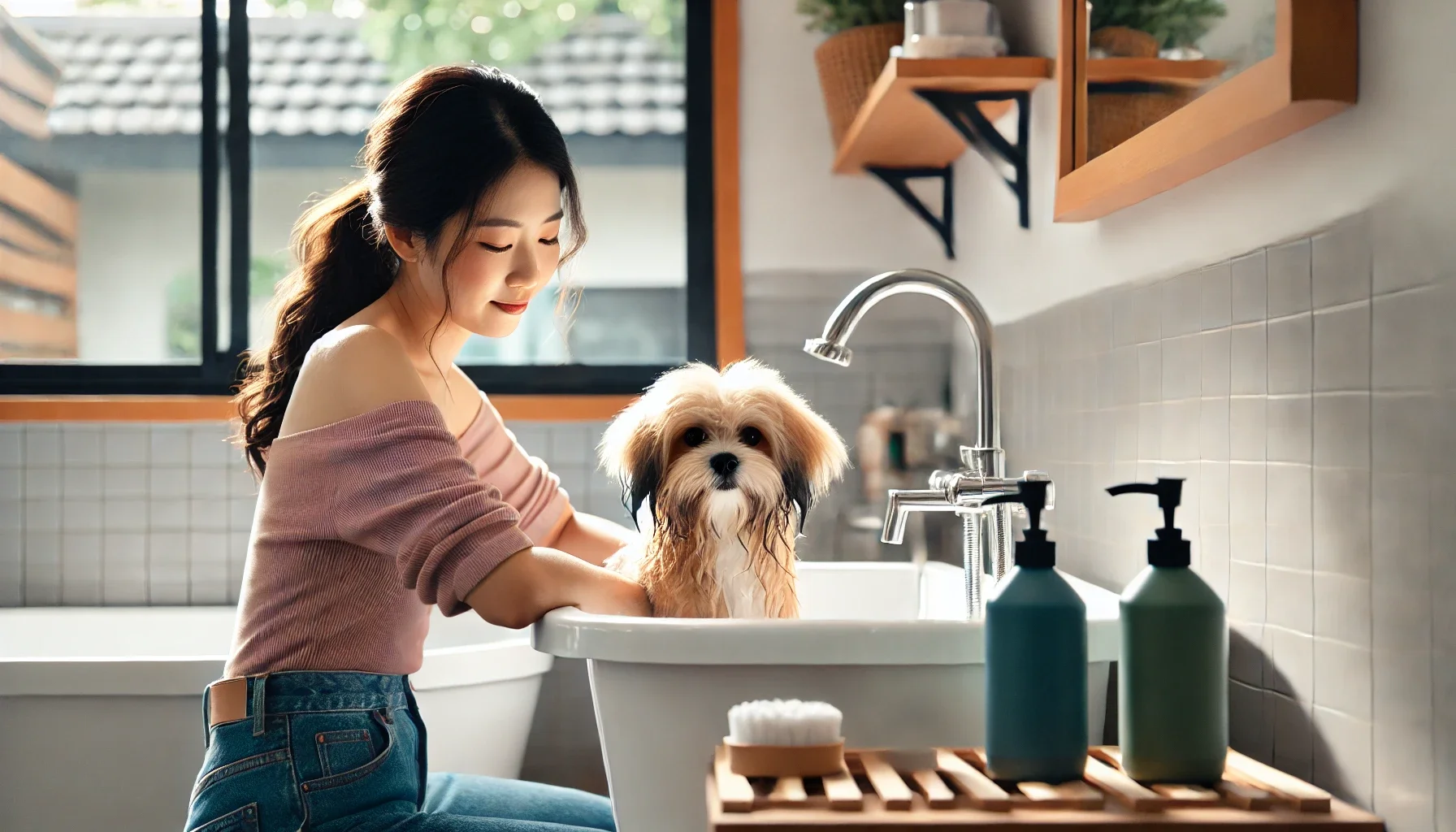 보호자가 강아지를 목욕시키는 모습