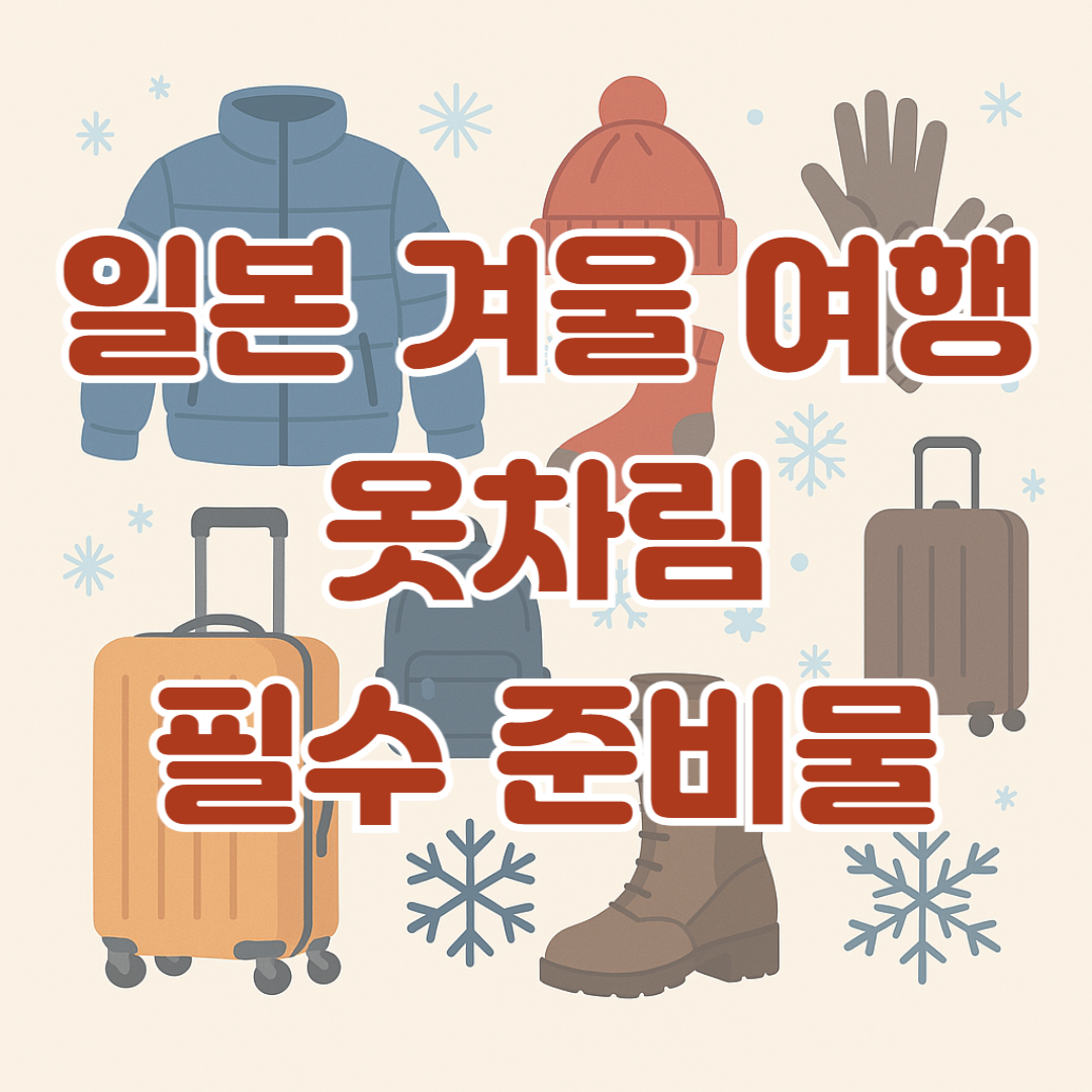 일본 겨울 여행 옷차림과 필수 준비물을 함께 정리한 이미지