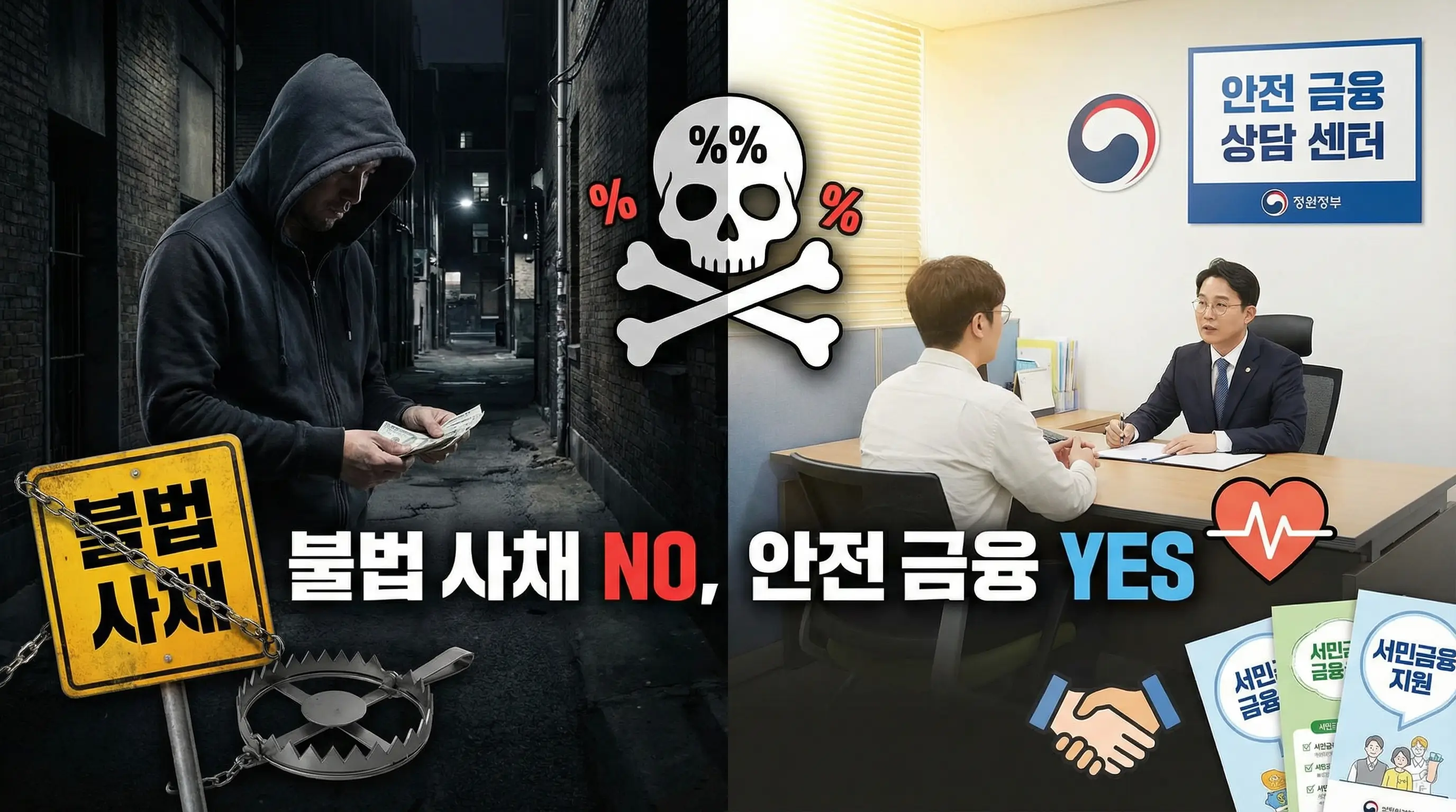 불법 사채의 위험성을 경고하고 안전한 해결책을 제시하는 이미지