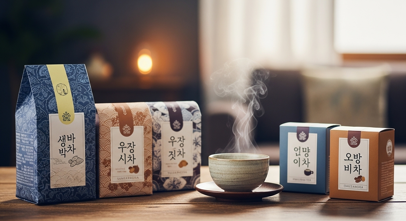 따뜻한 김이 피어오르는 전통차 찻잔과 정갈하게 포장된 고급 전통차 세트가 놓인 모습