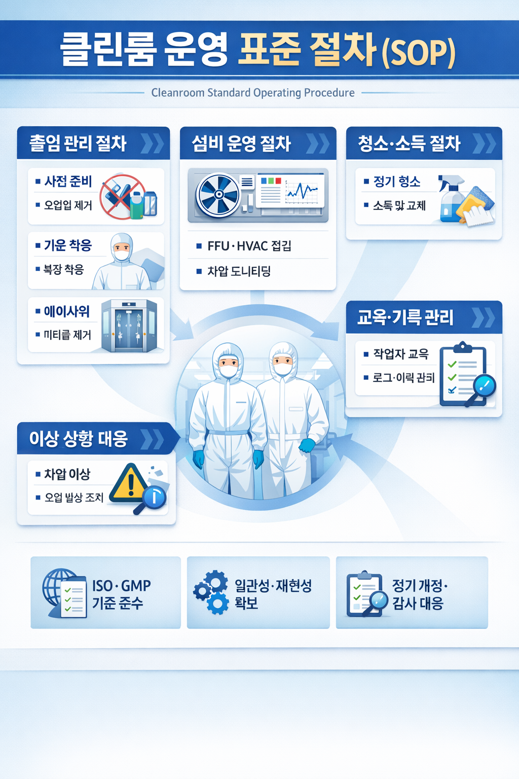 클린룸 오염제어를 위한 운영 표준 절차(Standard Operating Procedure, SOP) 제정은 클린룸 관리에서 필수이다.