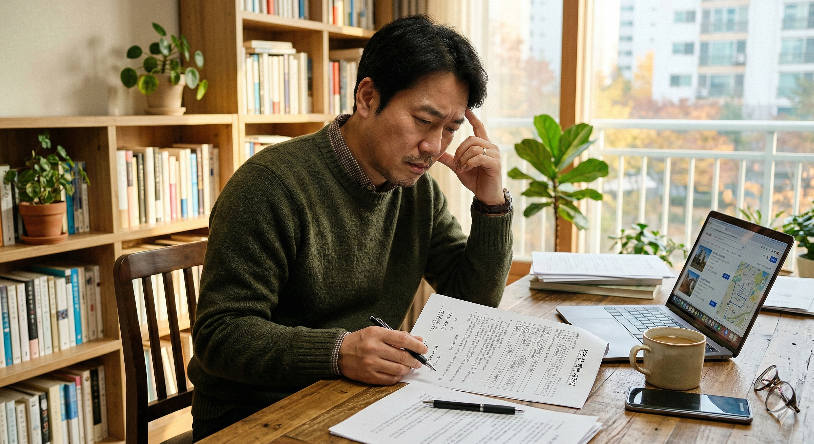 부동산 계약서를 보며 중도금 문제로 깊이 고민하는 40대 모습