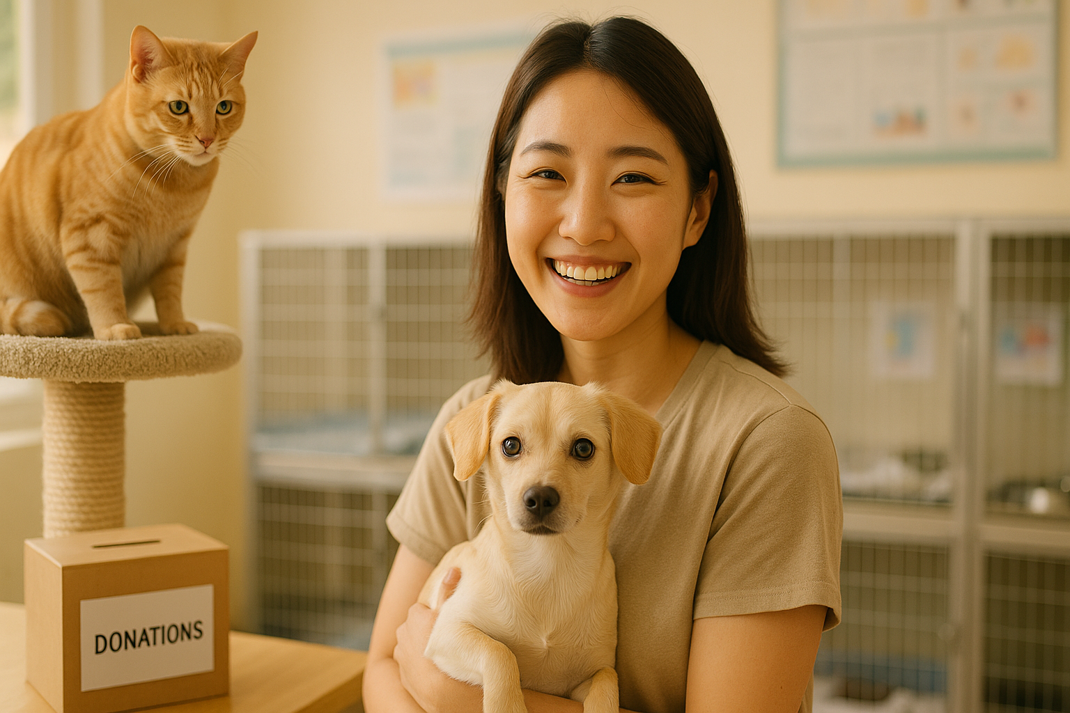 유기동물 보호소의 다정다감한 봉사자와 피보호 반려동물