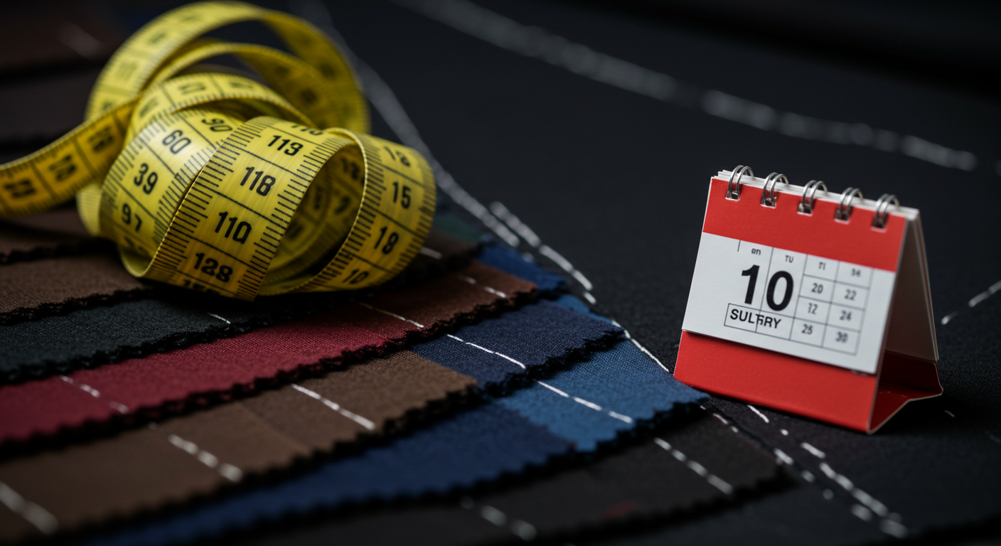 핏&middot;색&middot;상황을 상징하는 재단 줄자, 색상칩, 작은 캘린더 토큰의 클로즈업