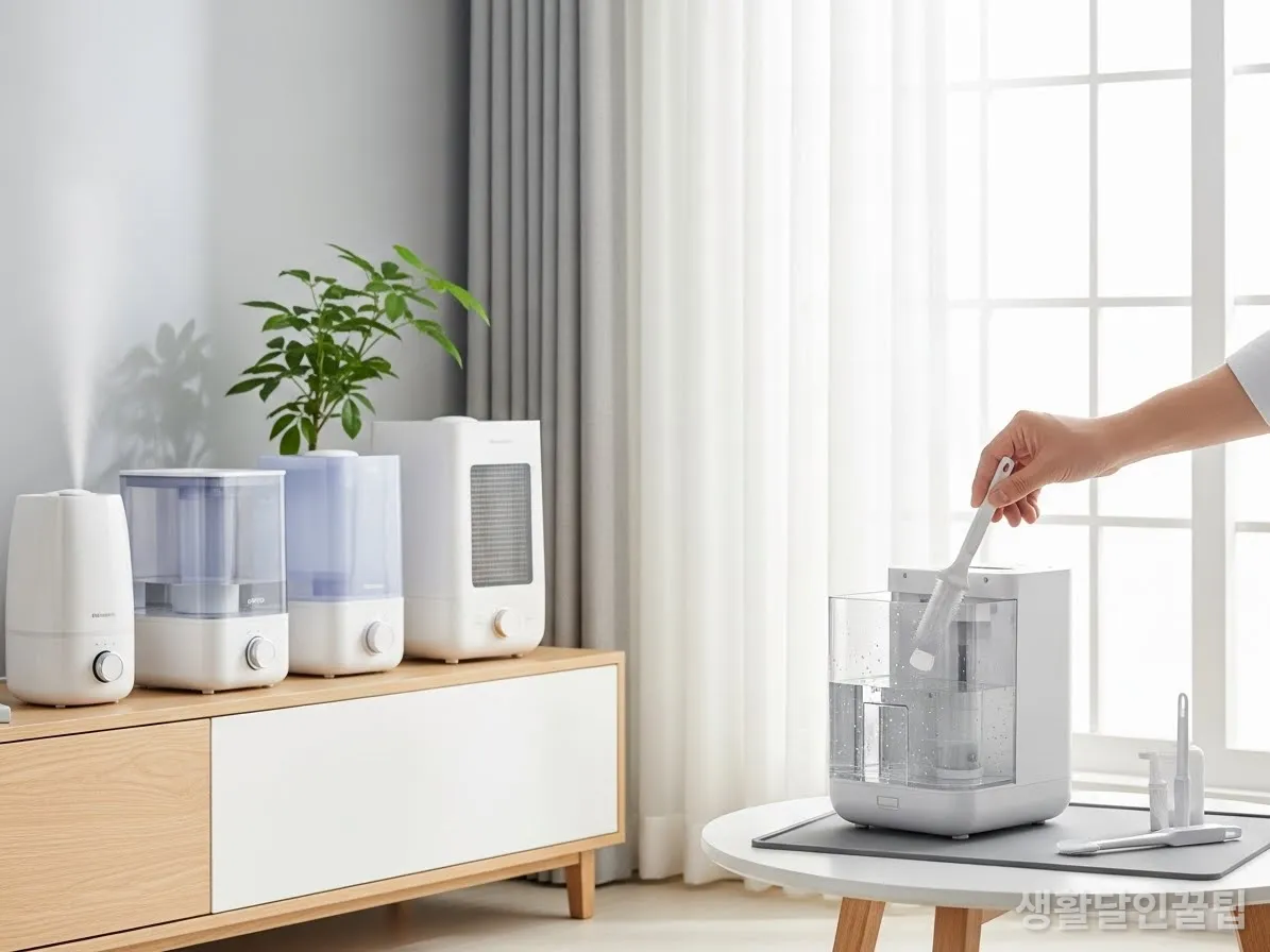 다양한 가습기 종류와 깨끗하게 세척하는 한국인의 손