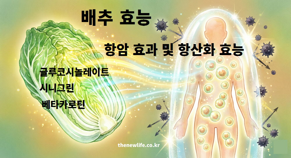배추의 글루코시놀레이트, 시니그린, 베타카로틴 성분이 인체 내에서 암세포를 막고 활성산소를 제거하여 항암 및 항산화 효능을 발휘하는 과정을 묘사한 일러스트
