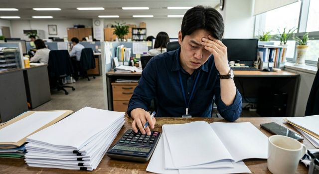 신용대출 한도를 계산하기 위해 서류와 계산기를 확인하는 직장인 모습