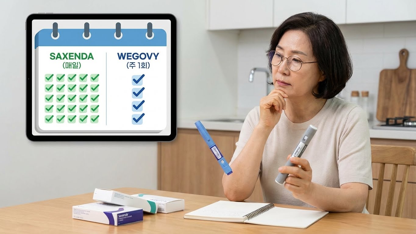 여성이 한 손에는 '삭센다 펜(매일)', 다른 한 손에는 '위고비 펜(주 1회)'을 들고 고민하는 모습