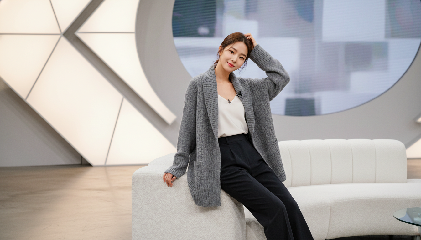 나는솔로 248회에서 송해나가 착용한 우아한 그레이 캐시미어 혼방 가디건. 방송 스튜디오에서 촬영된 모습으로, 가디건의 고급스러운 질감과 루즈핏 실루엣이 돋보입니다.