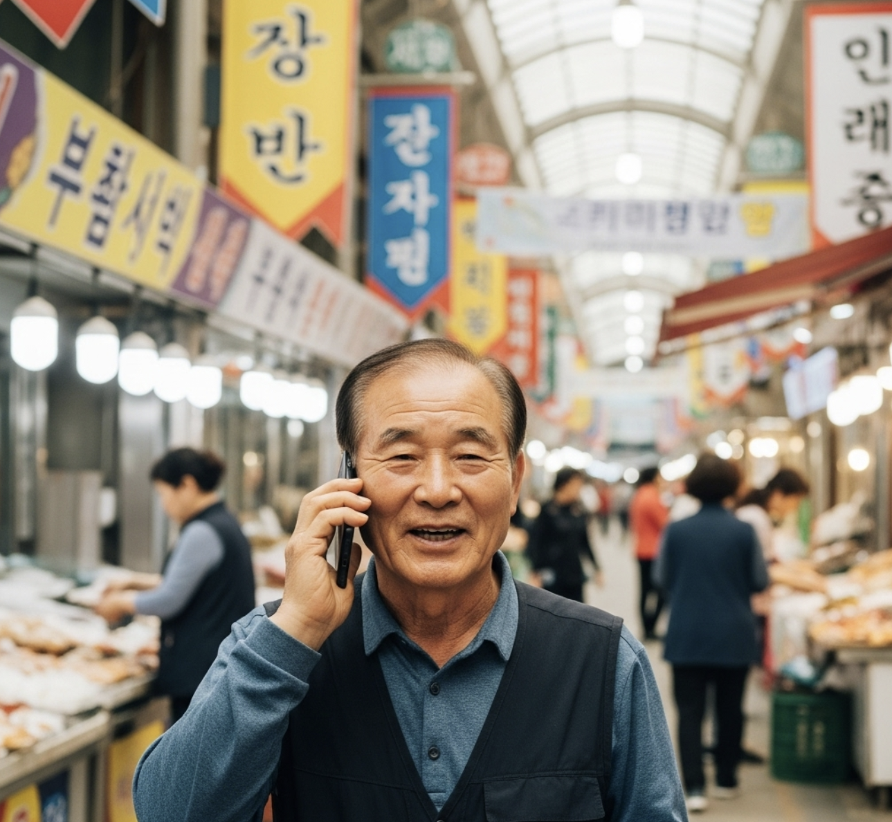 한국 노인이 통화하는 모습