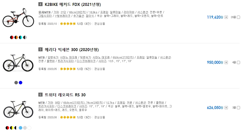 인기 상위권 자전거 모델 분석
