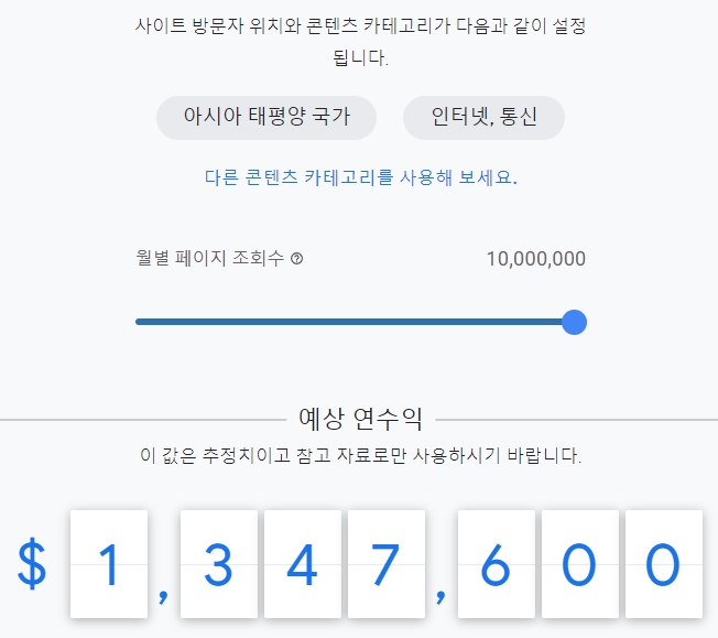 인터넷 및 통신 콘텐츠 구글 애드센스 예상 연 수익