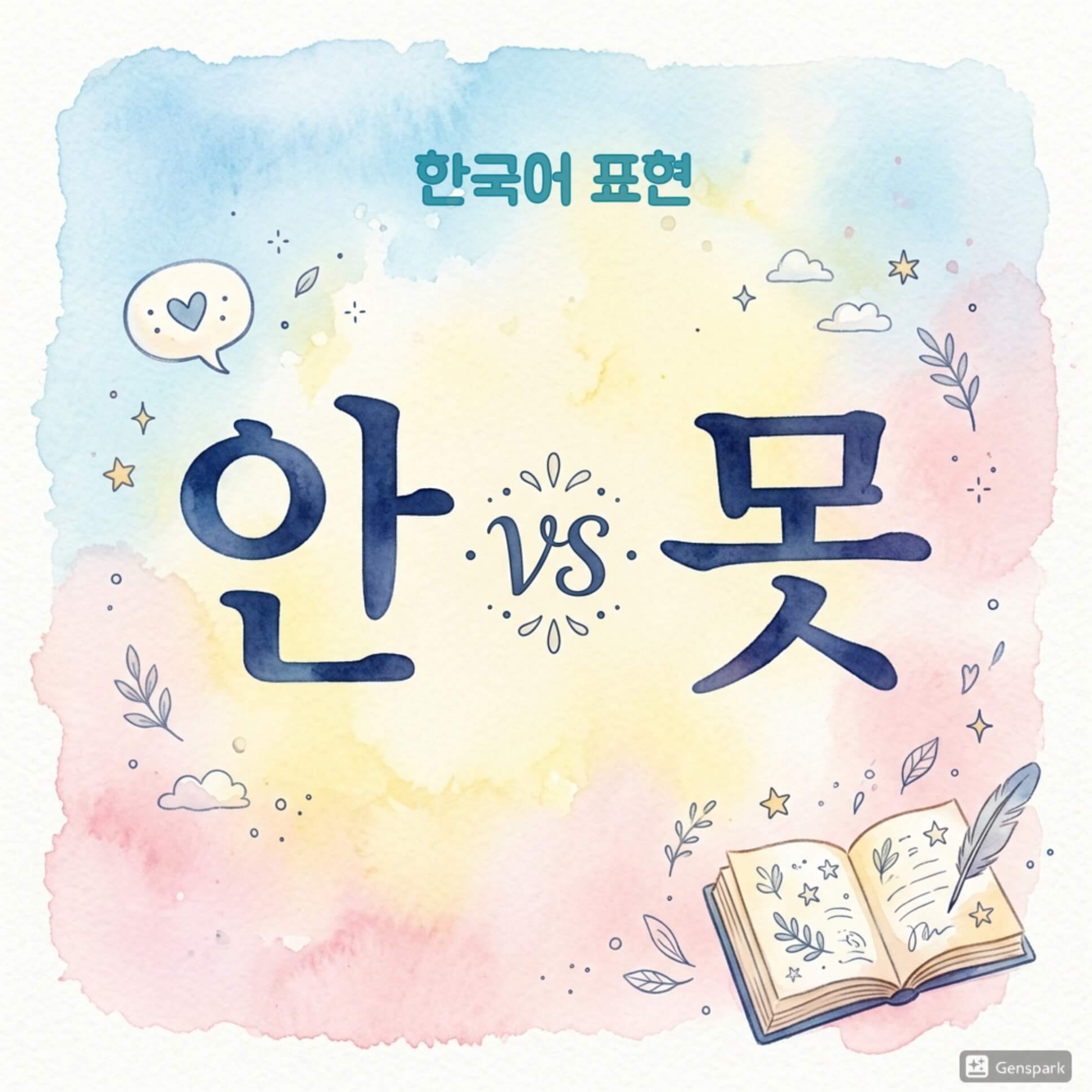 한국어 '안'과 '못' 차이를 설명하는 수채화 동화풍 썸네일 이미지