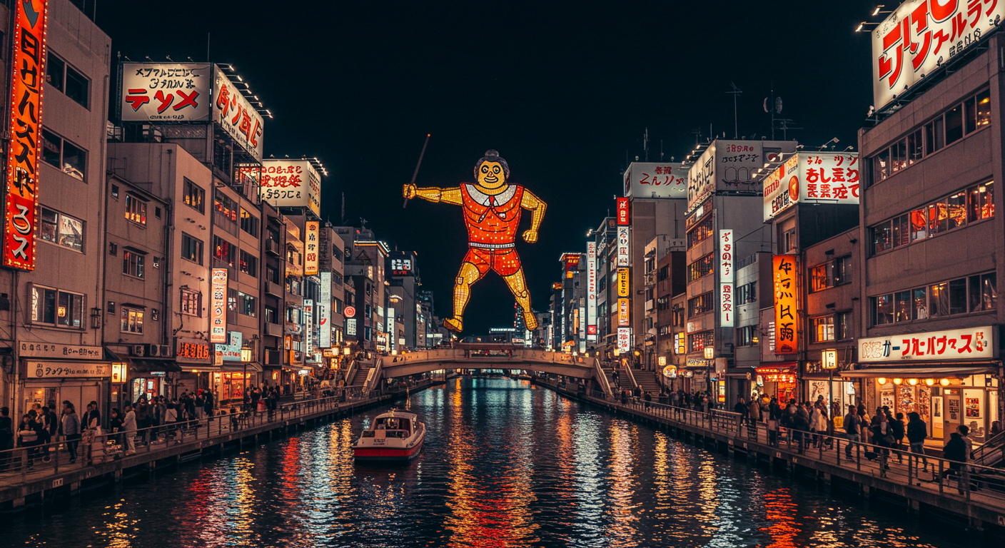 밤에 화려한 네온사인으로 빛나는 오사카 도톤보리 글리코상 전광판과 강가의 풍경