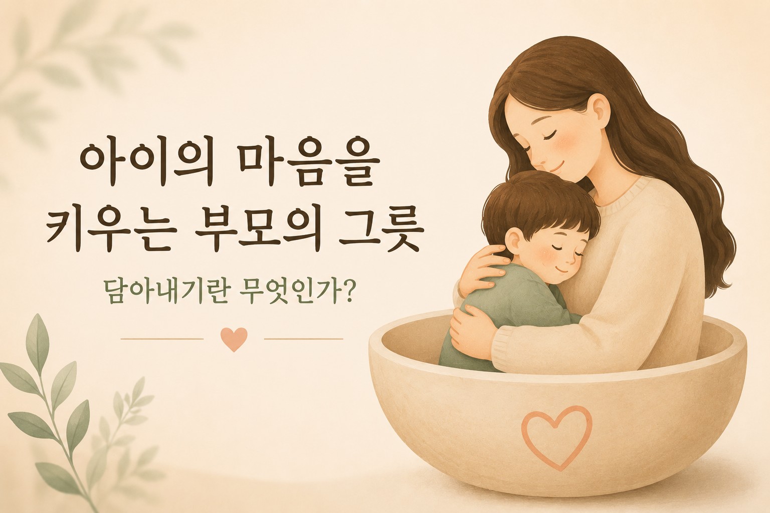 아이를 따뜻하게 안아주고 있는 부모의 모습과 함께 담아내기 개념을 표현한 심리학 일러스트